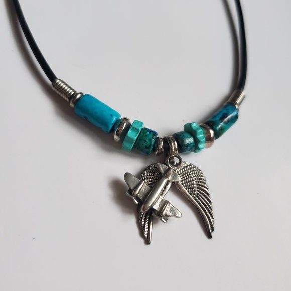Leather Cord Necklace w/ Turquoise Beads & Airplane Wings Angel Wings Choker 18" - Picture 4 of 4